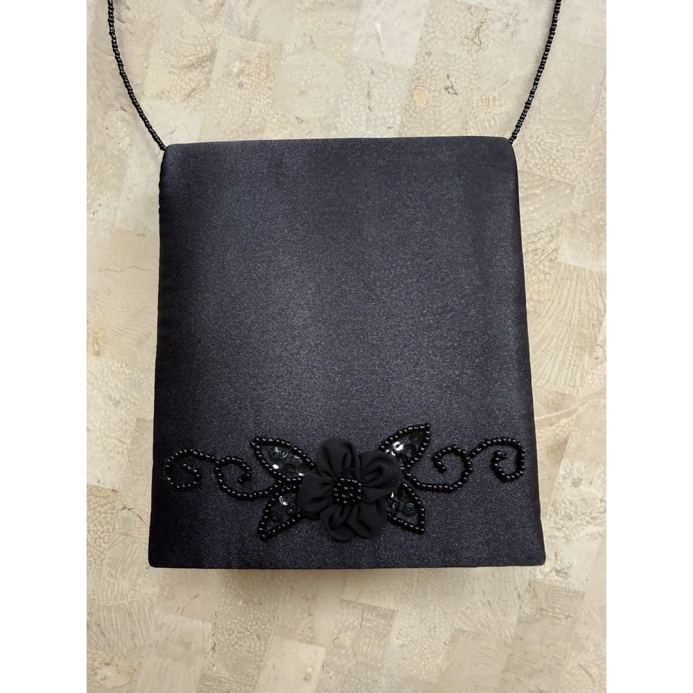 Jessica McClintock VTG Womens Small Square Evening Bag Black Satin Floral Beaded - Picture 3 of 9
